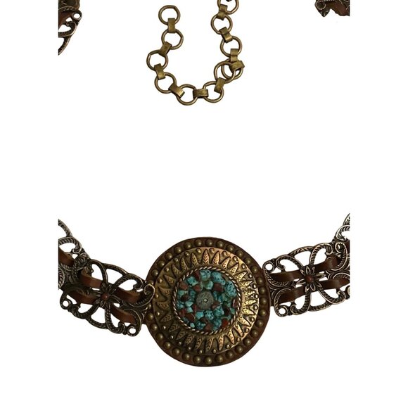 LeatherRock Leather Bronze & Turquoise Belt - Bohemian Luxe Western Adjusts M/L main image 12
